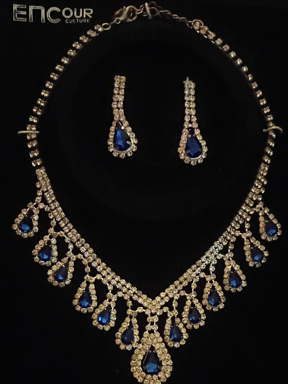 Elegant Gold-Tone Necklace & Earrings with Sapphire Blue Teardrops